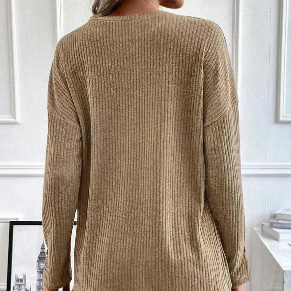 Khaki Casual Womens Half Button Drop Shoulder Waffle Knit Tee - Picture 2 of 5